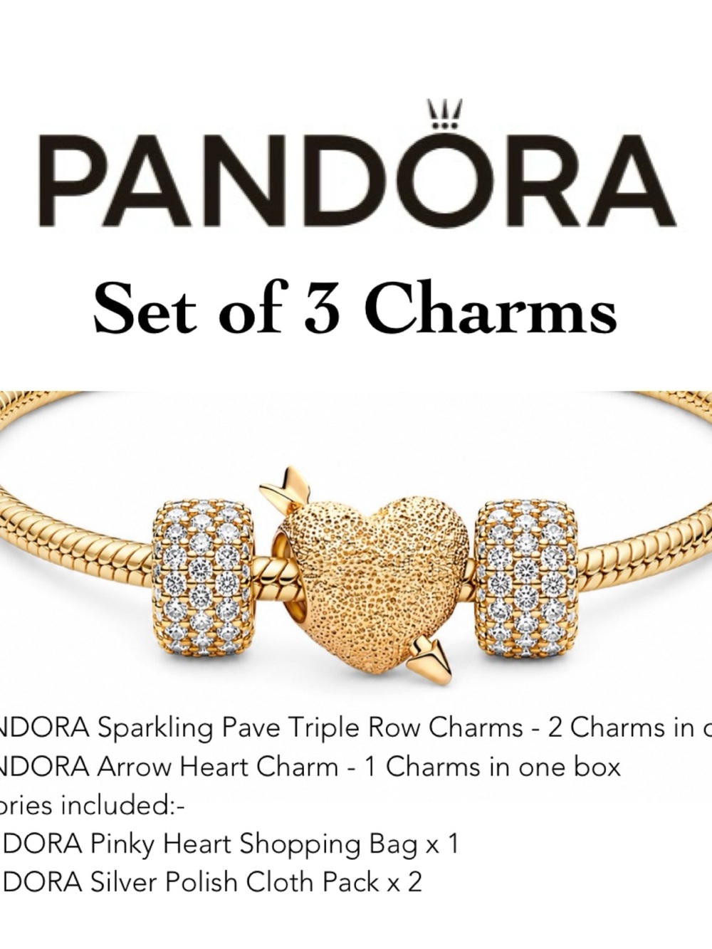3-pieces set PANDORA charms: Sparkling Pave Triple Row & Cupid Heart Charms